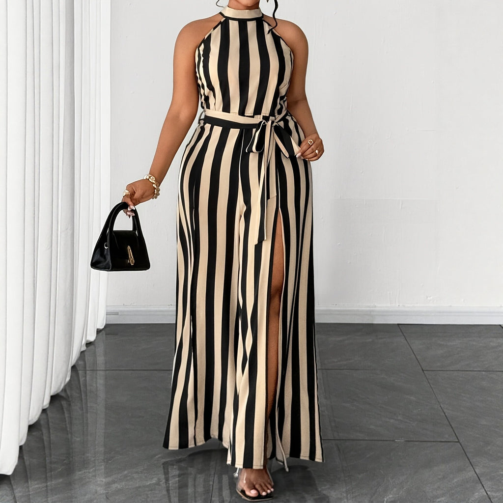 Eleganter gestreifter Neckholder-Jumpsuit