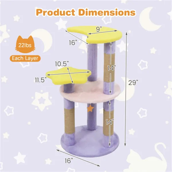 Katzenbaum mit 4 Ebenen, Mond & Sterne – Lila