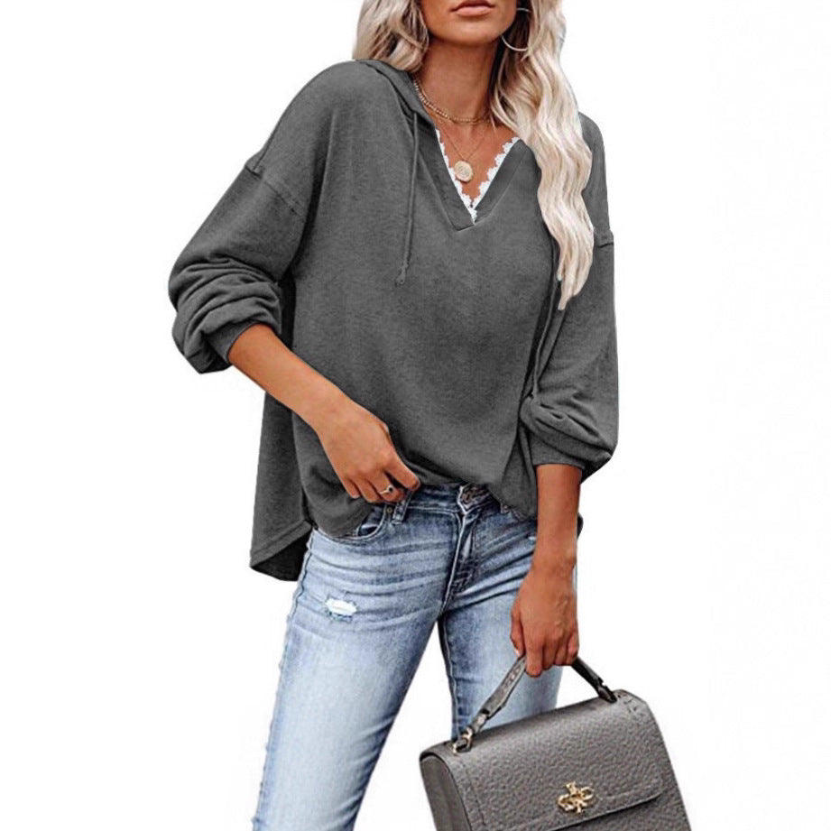 Kapuzen-Sweatshirt mit V-Ausschnitt und Spitze