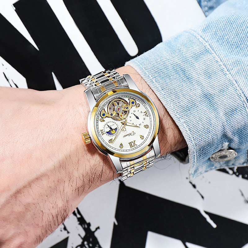 Luminous Sonne Mond Stern Herren-Mechanische Uhr