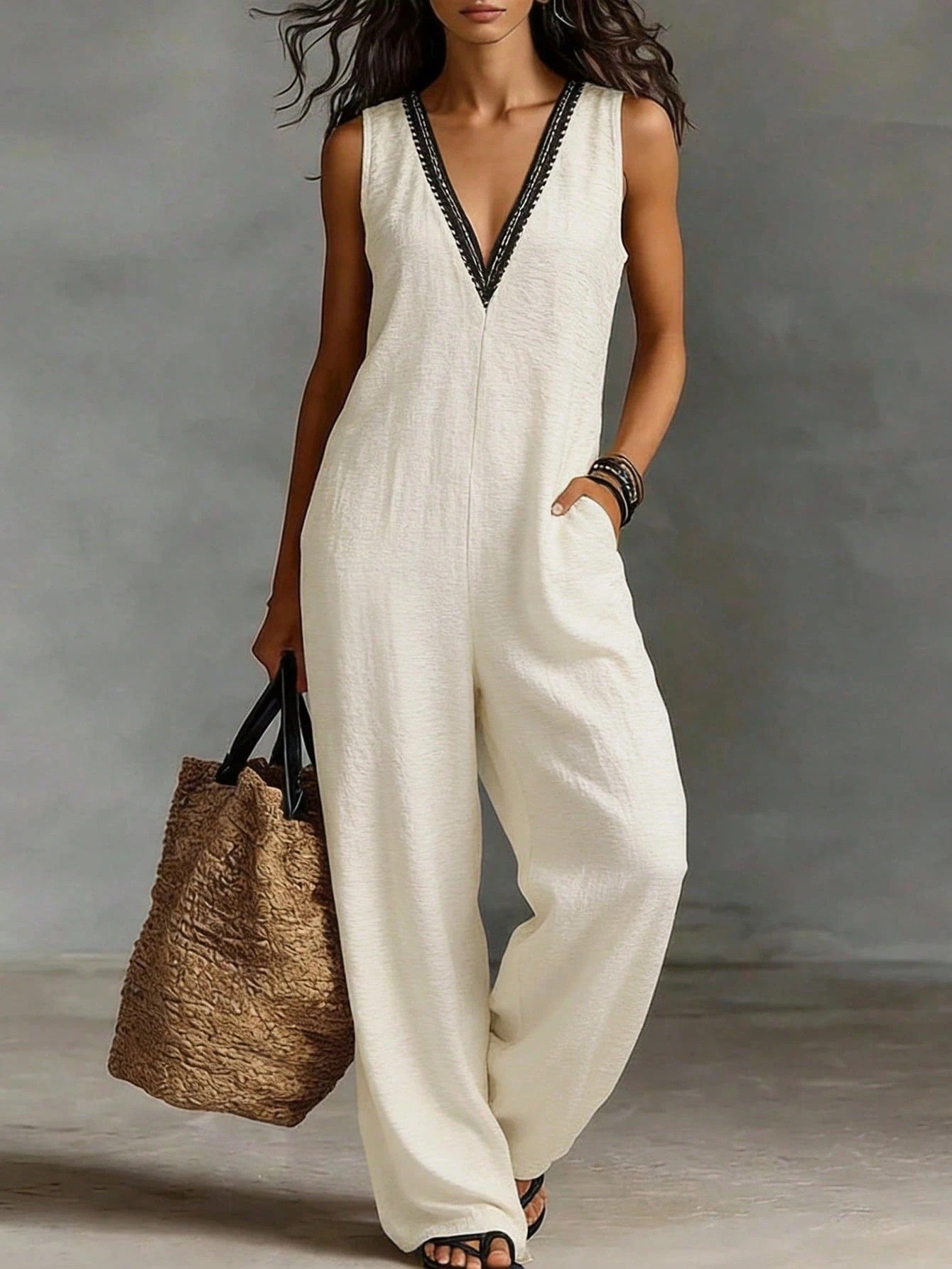 V-Ausschnitt Ärmelloser Jumpsuit mit weitem Bein