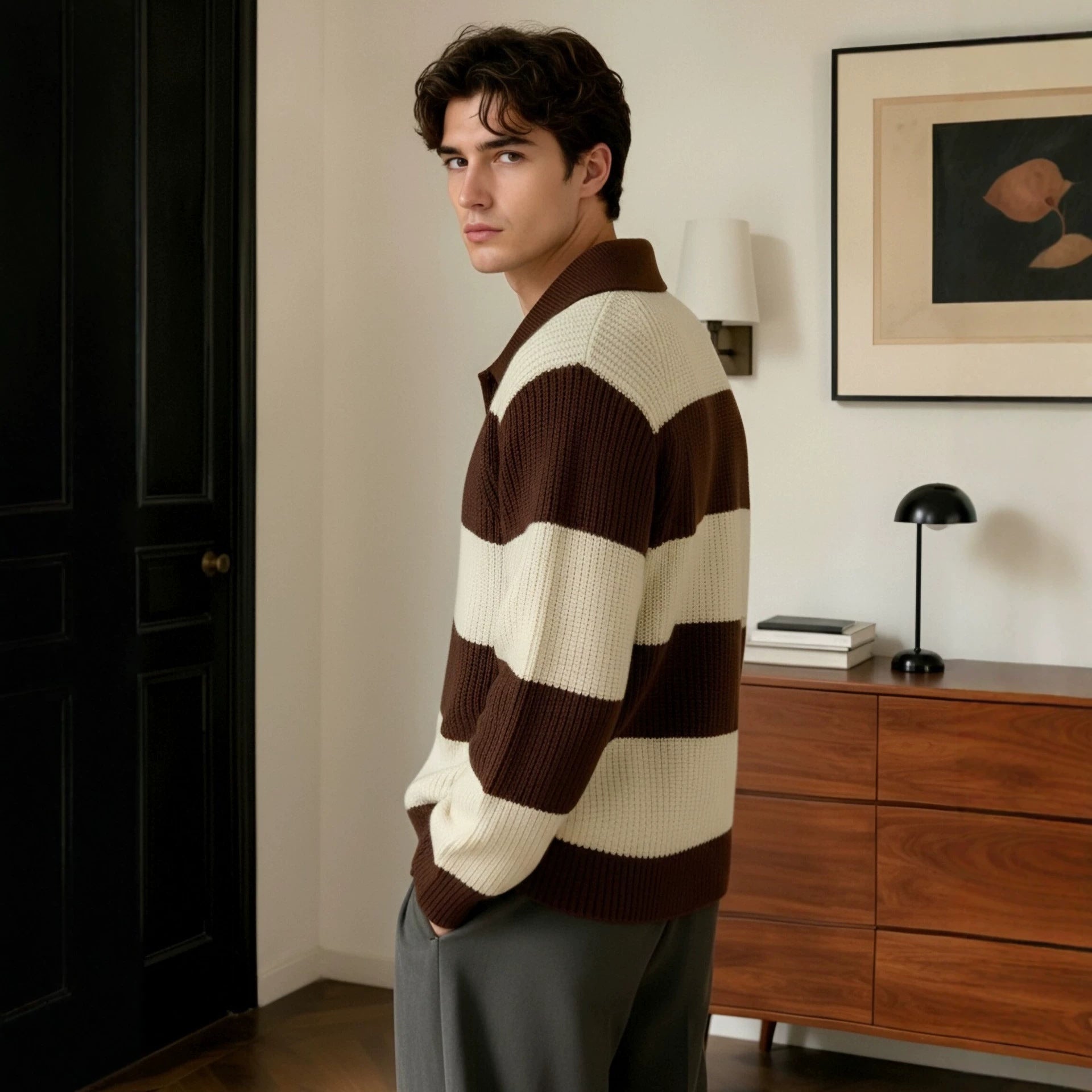 Herren Weit Schnitt Streifen-Lapel Pullover