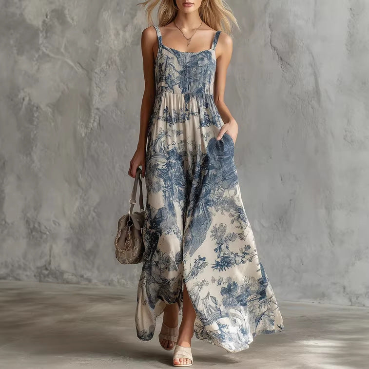 Geblümtes Chiffon Maxikleid mit eckigem Ausschnitt | LuxeStyle