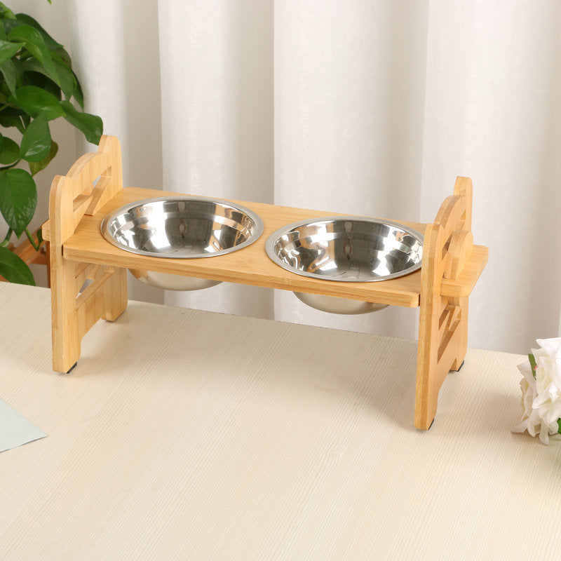 Bambus-Holz-Bett für zwei Hundenäpfe | LuxeStyle