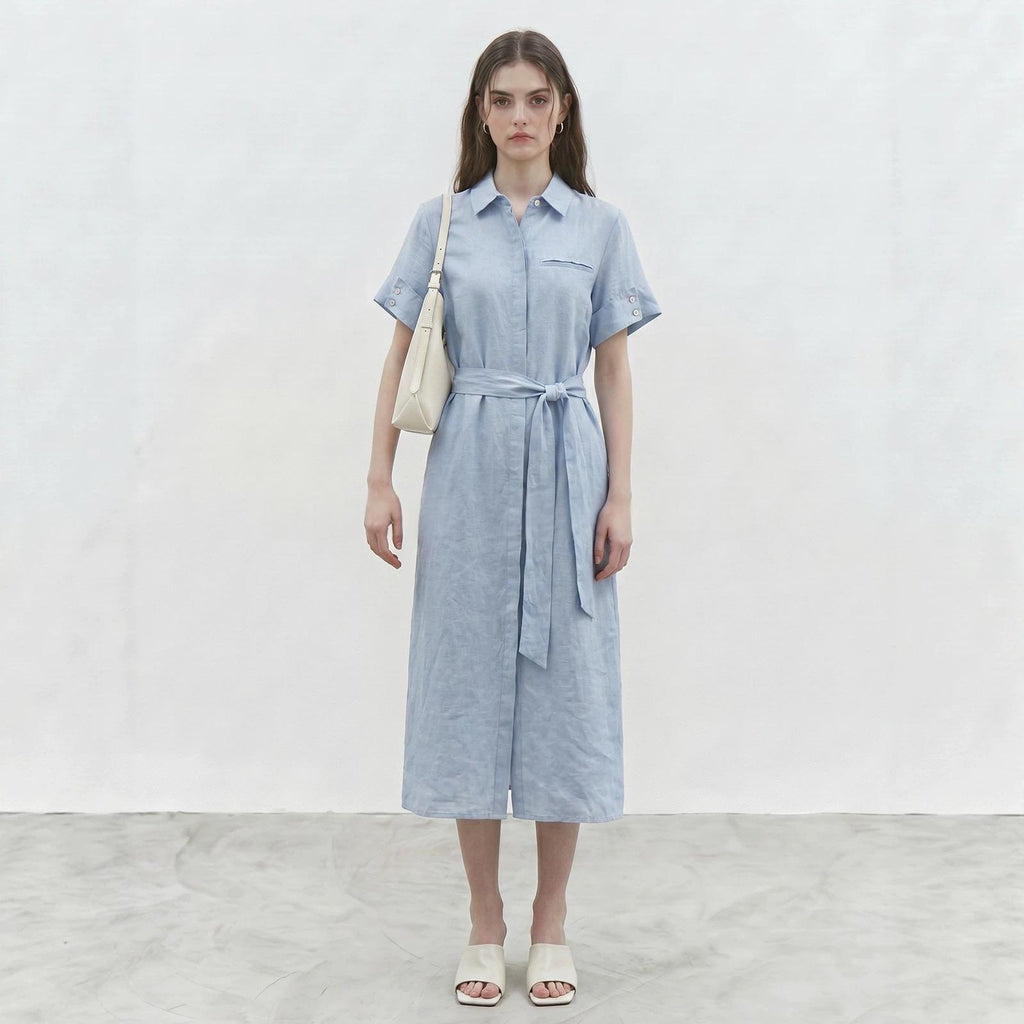 Leinen-Hemdblusenkleid mit Taillengürtel