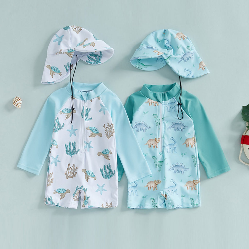 Kinder Badeanzug mit langen Ärmeln – Weiss-Blau, Dinosauriergrün | LuxeStyle