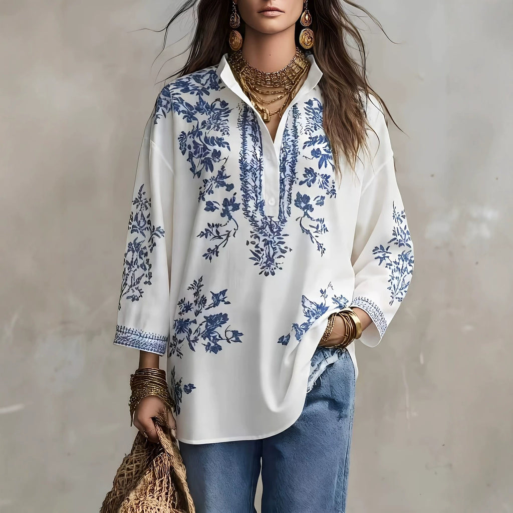 Blau-weisses Langarmshirt mit Porzellan-Print – Bild 1 | LuxeStyle