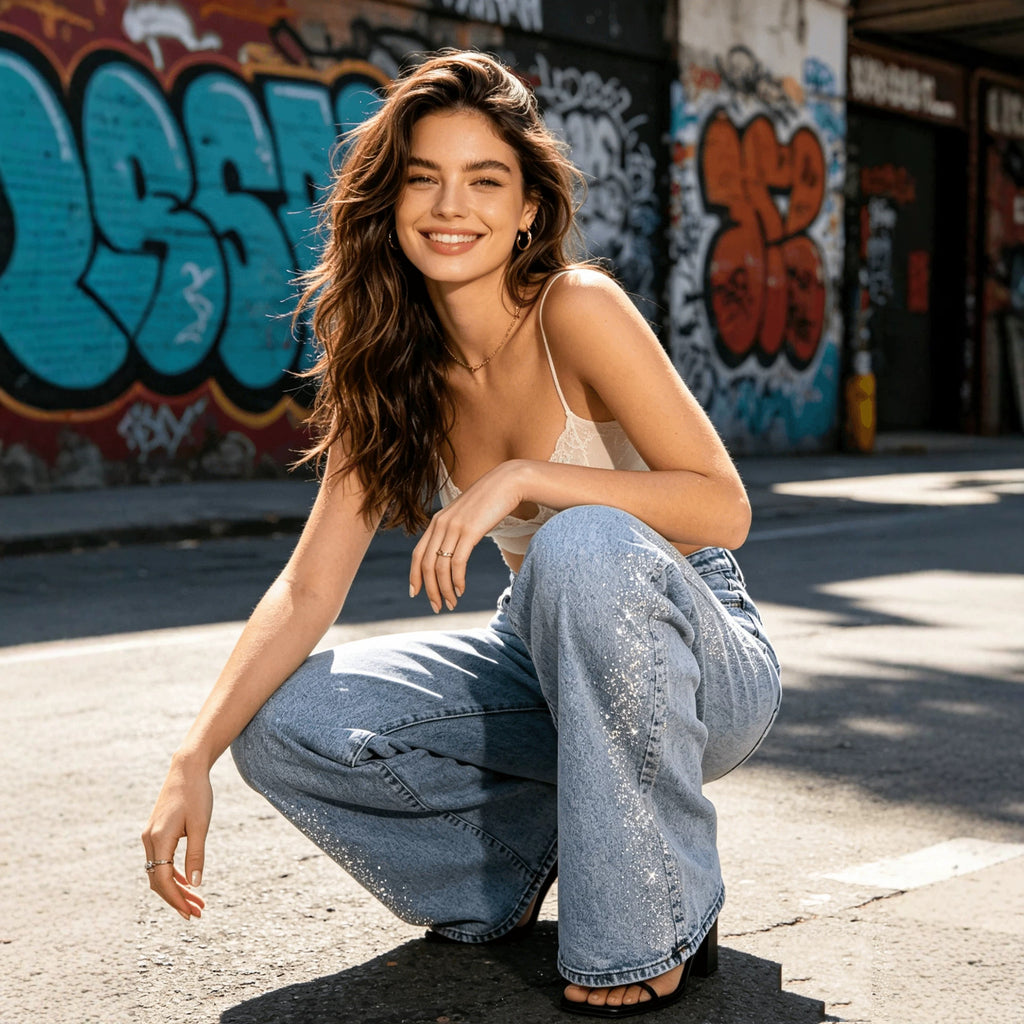 High-Waist Straight-Leg Jeans mit Nieten