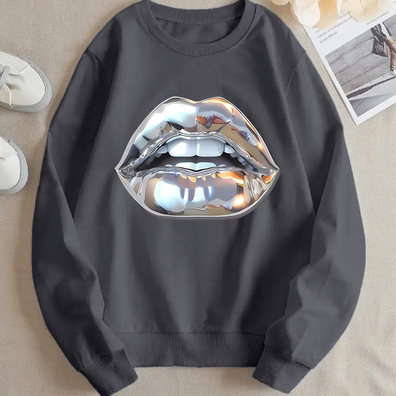 Cartoon Sweatshirt mit Lippen-Print für Damen