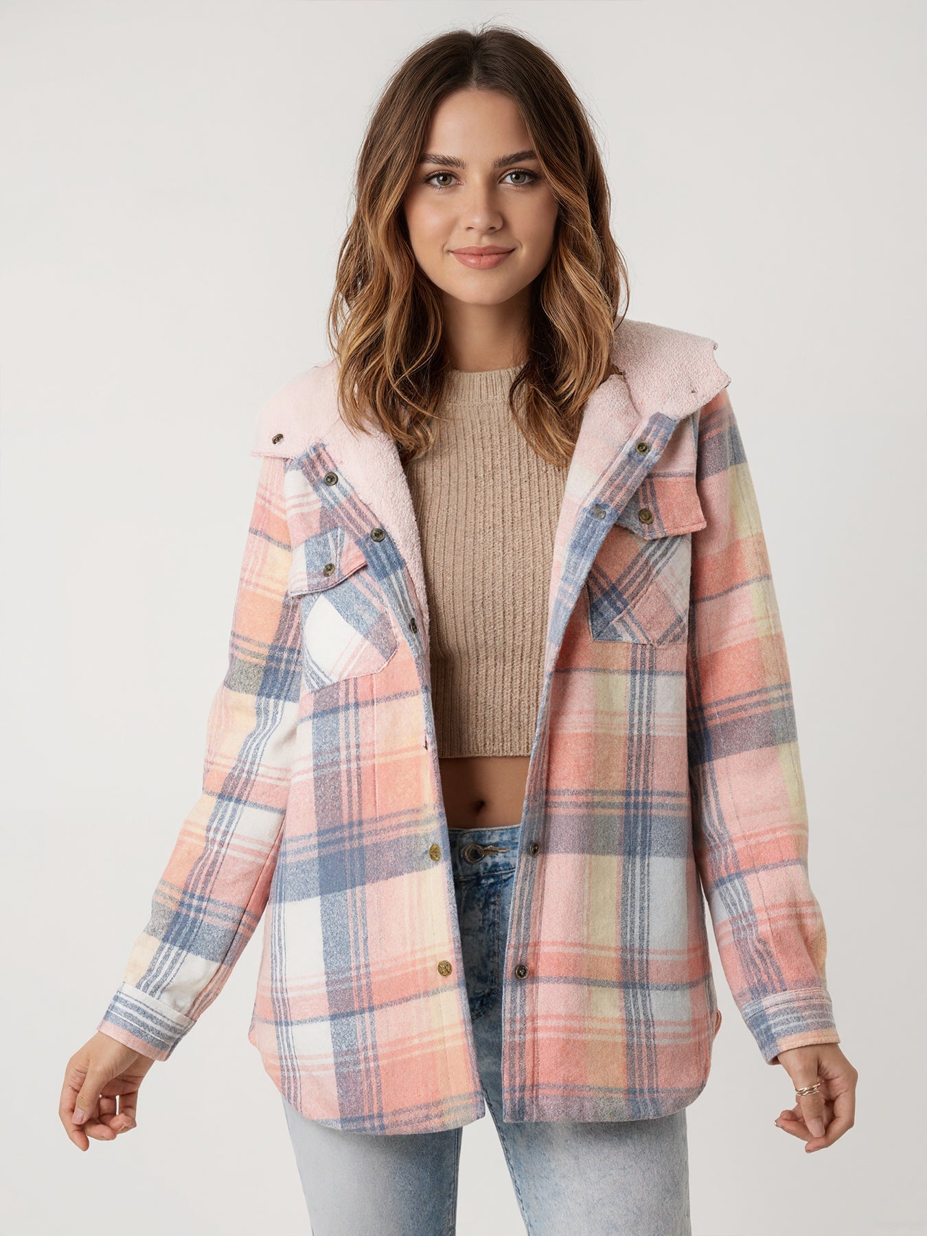 Karierte Fleece-gefütterte Kapuzenjacke für Damen