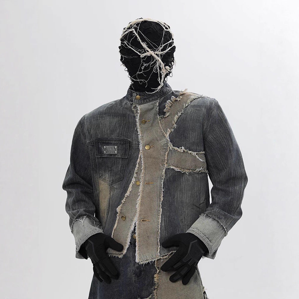 Vintage Patchwork Distressed Jeansjacke für Herren