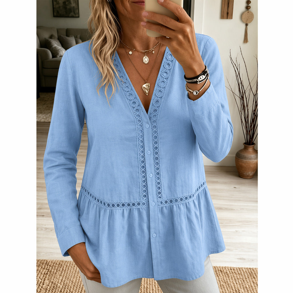 Casual Einfarbiges Langarm-Shirt mit Spitzendesign