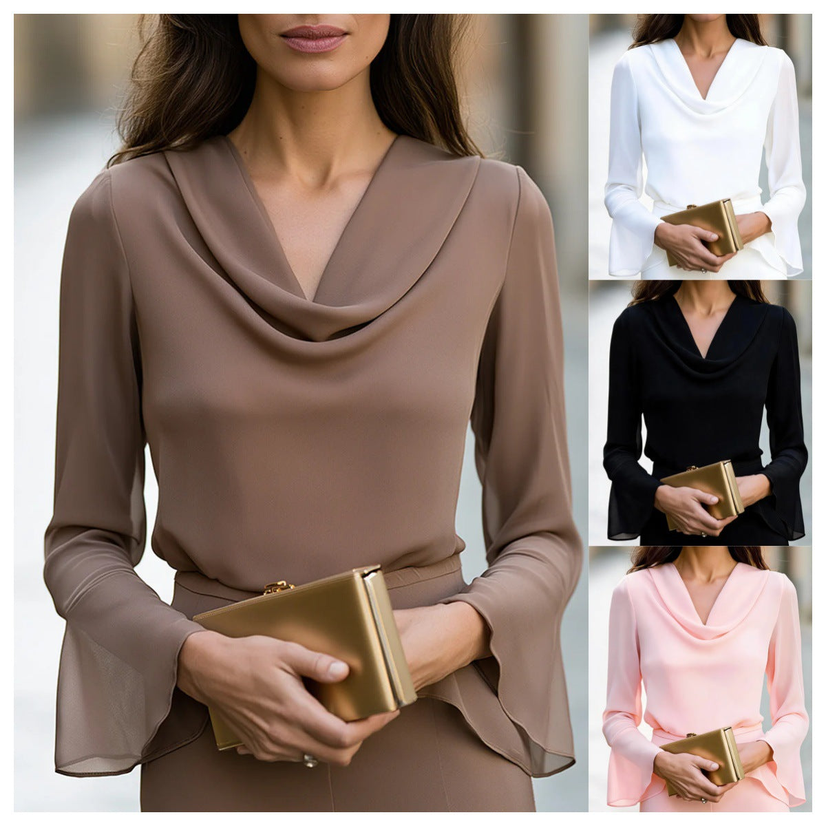 Damen V-Neck Top mit Rüschen und ausgestellten Ärmeln