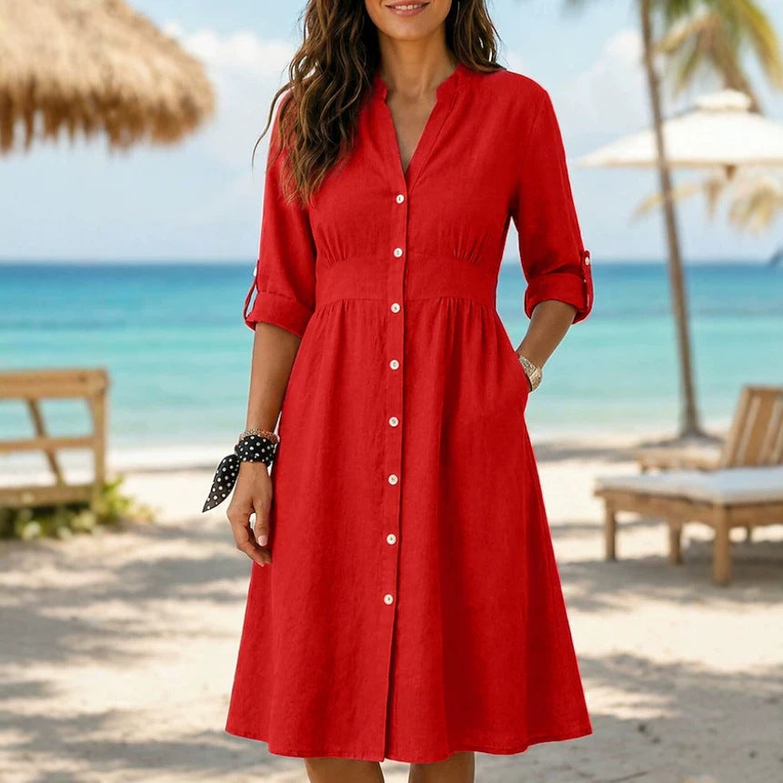 Langärmliges Leinen-Kleid mit Knopfleiste