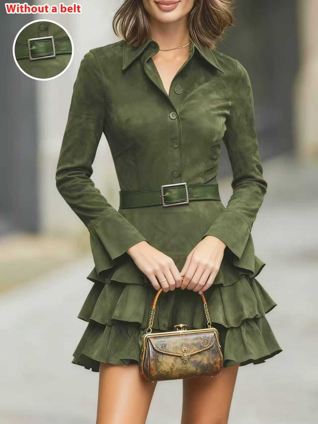 Damen Midi-Kleid aus Wildlederimitat mit Rüschen | LuxeStyle