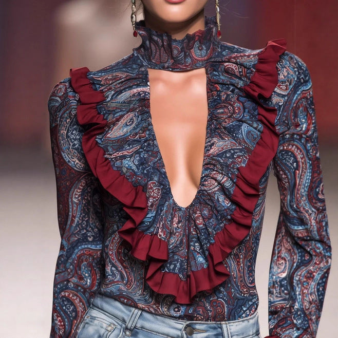 V-Ausschnitt Chiffon-Shirt mit Print – Bild 4 | LuxeStyle
