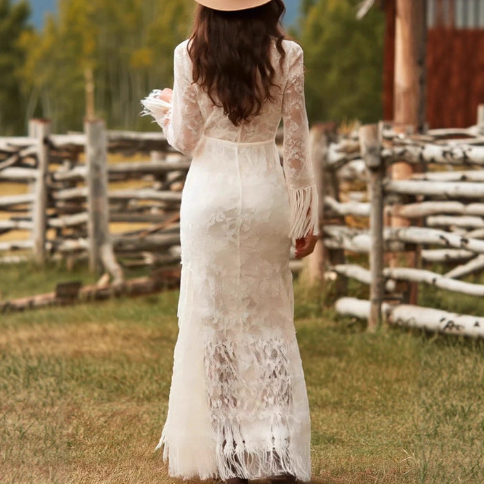 V-Ausschnitt 3/4-Ärmel Midi-Kleid mit Tasseln und asymmetrischem Rücke