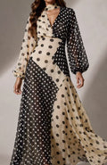 Off-Shoulder Polka-Dot Midi-Kleid mit Patchwork