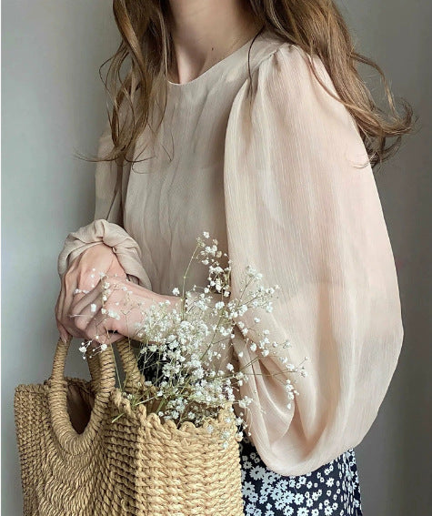 Chiffon-Top mit Puffärmeln und Rundhals