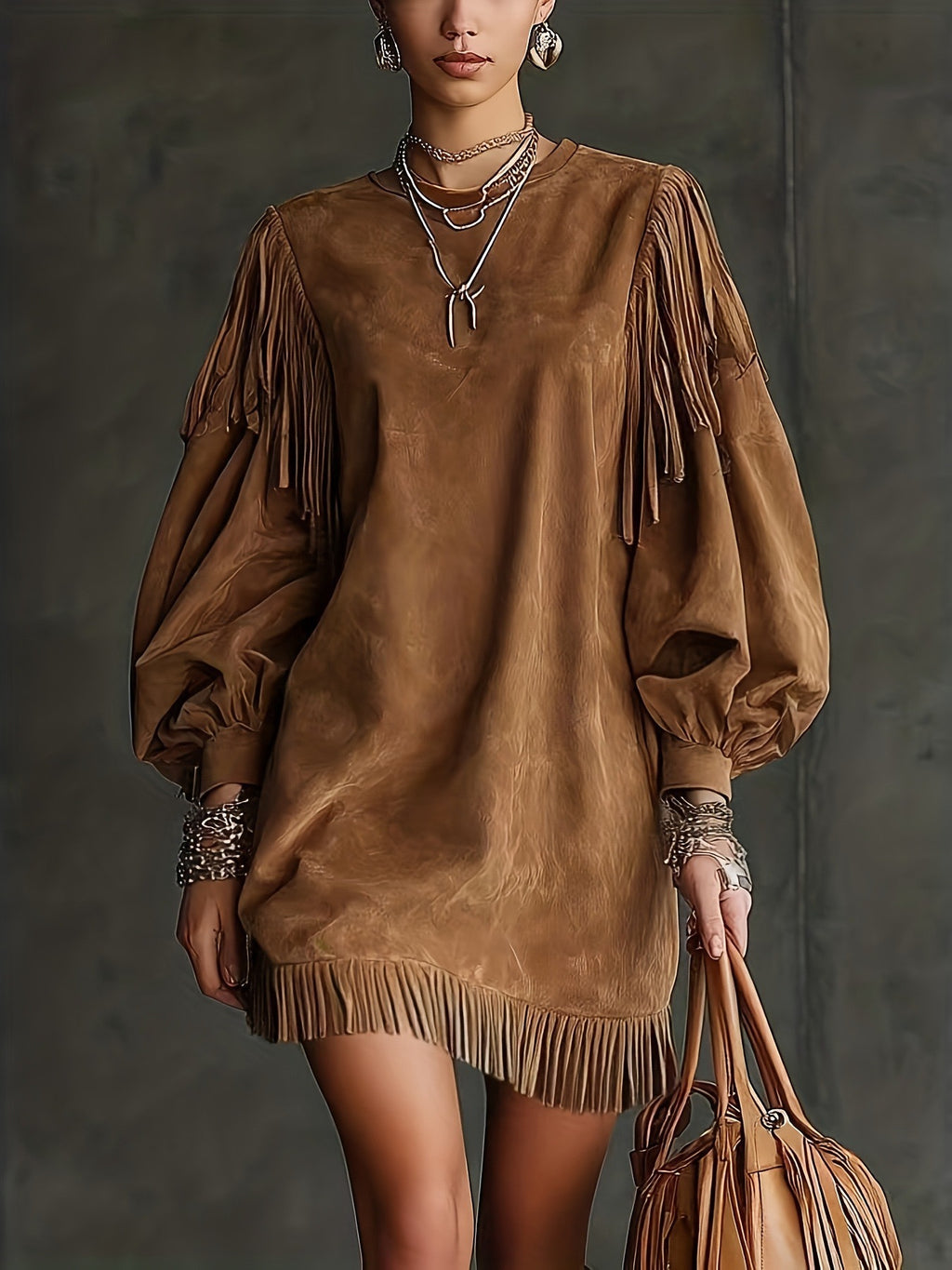 Damen Kurzarmkleid mit Lanternenärmeln und Fransen