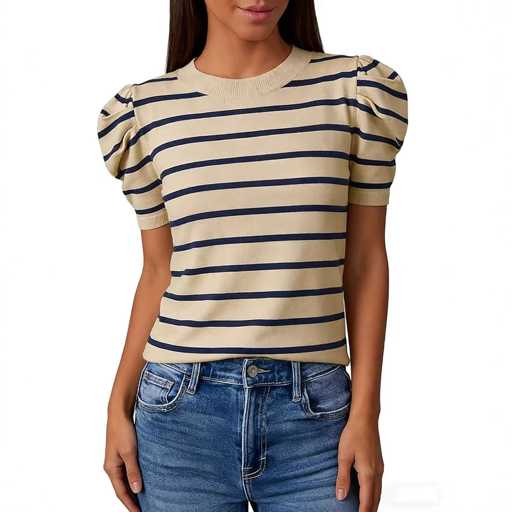 Rundhals Französisch Retro Gestreifter Strickpulli Damen Puffärmel Sli
