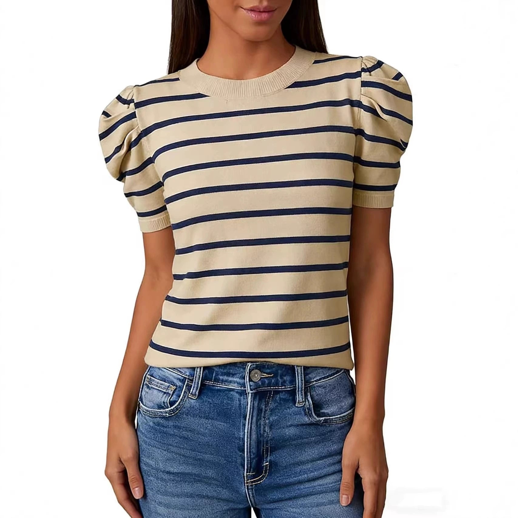 Rundhals Französisch Retro Gestreifter Strickpulli Damen Puffärmel Sli