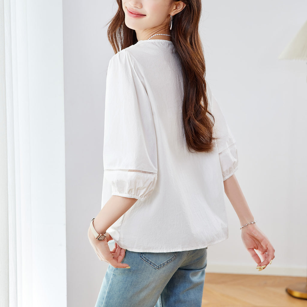 Elegante V-Neck Bluse mit Spitze und Lochstickerei