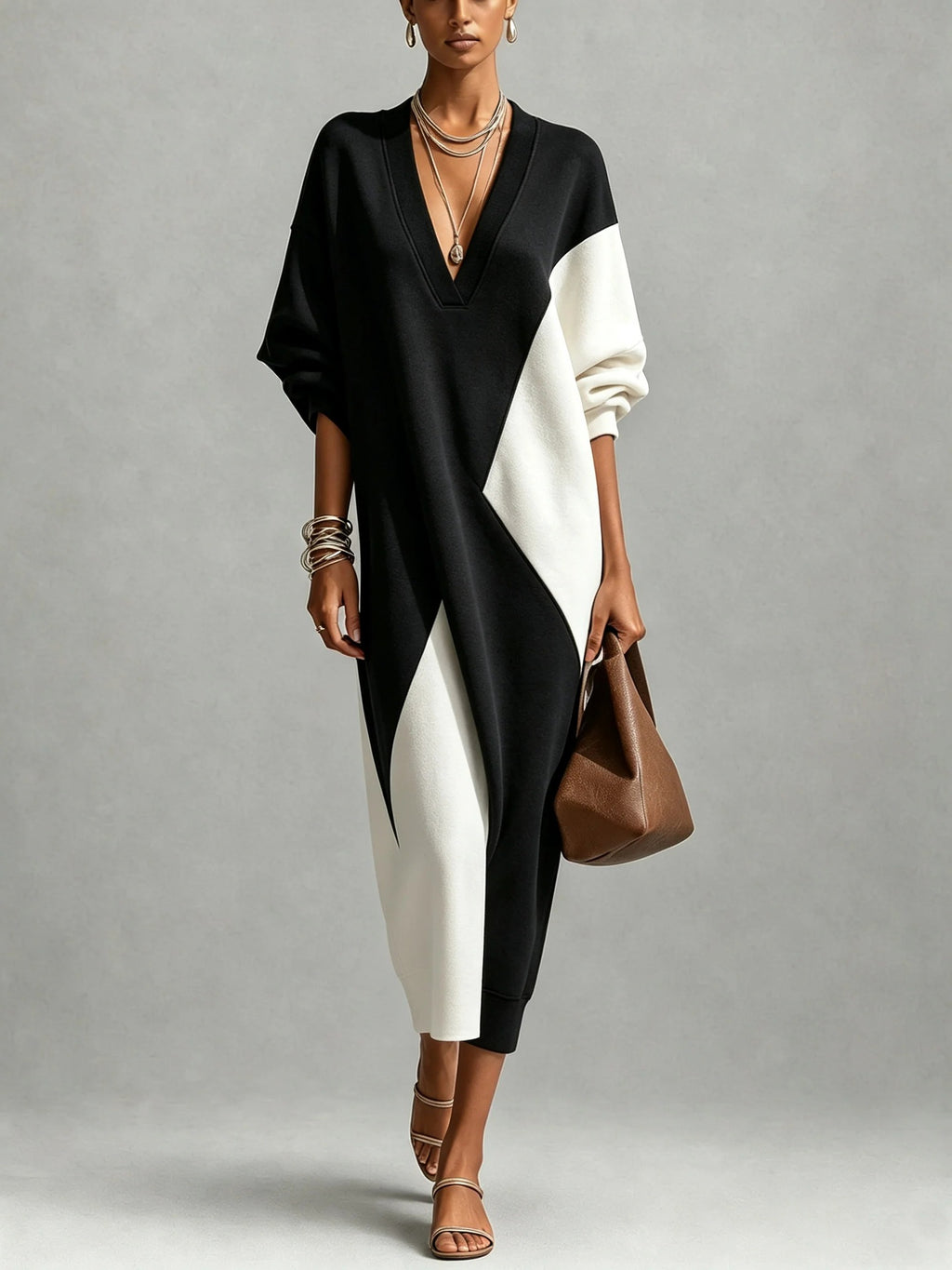 Langes Kleid mit geometrischem Patchwork – Bild 3 | LuxeStyle