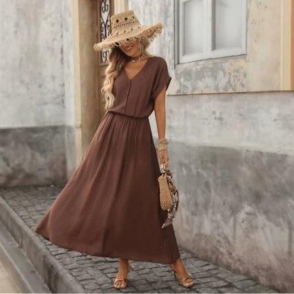 Kurzärmliges A-Linien-Kleid mit V-Ausschnitt – Bild 3 | LuxeStyle