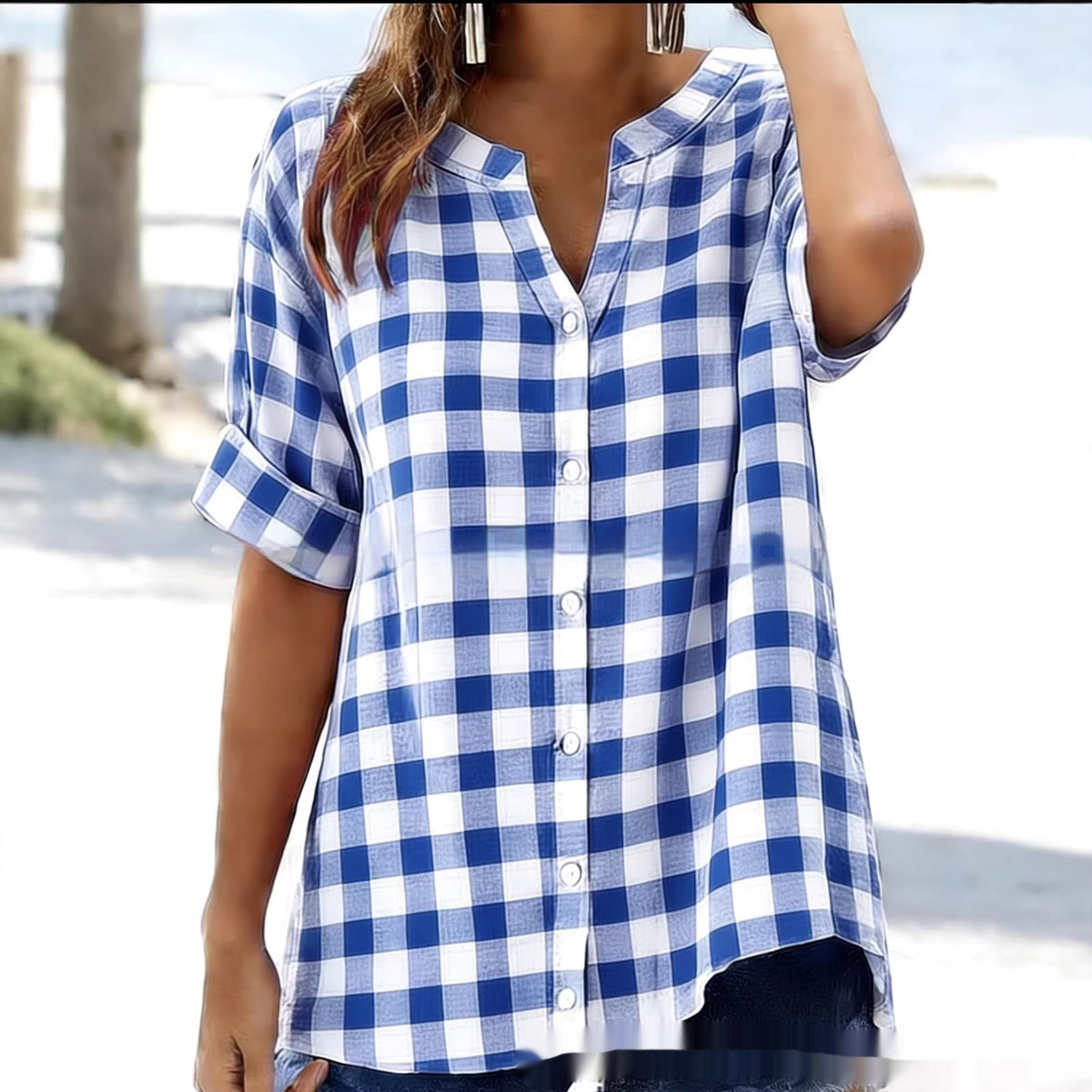 Plaid-V-Neck-Bluse – Bild 5 | LuxeStyle