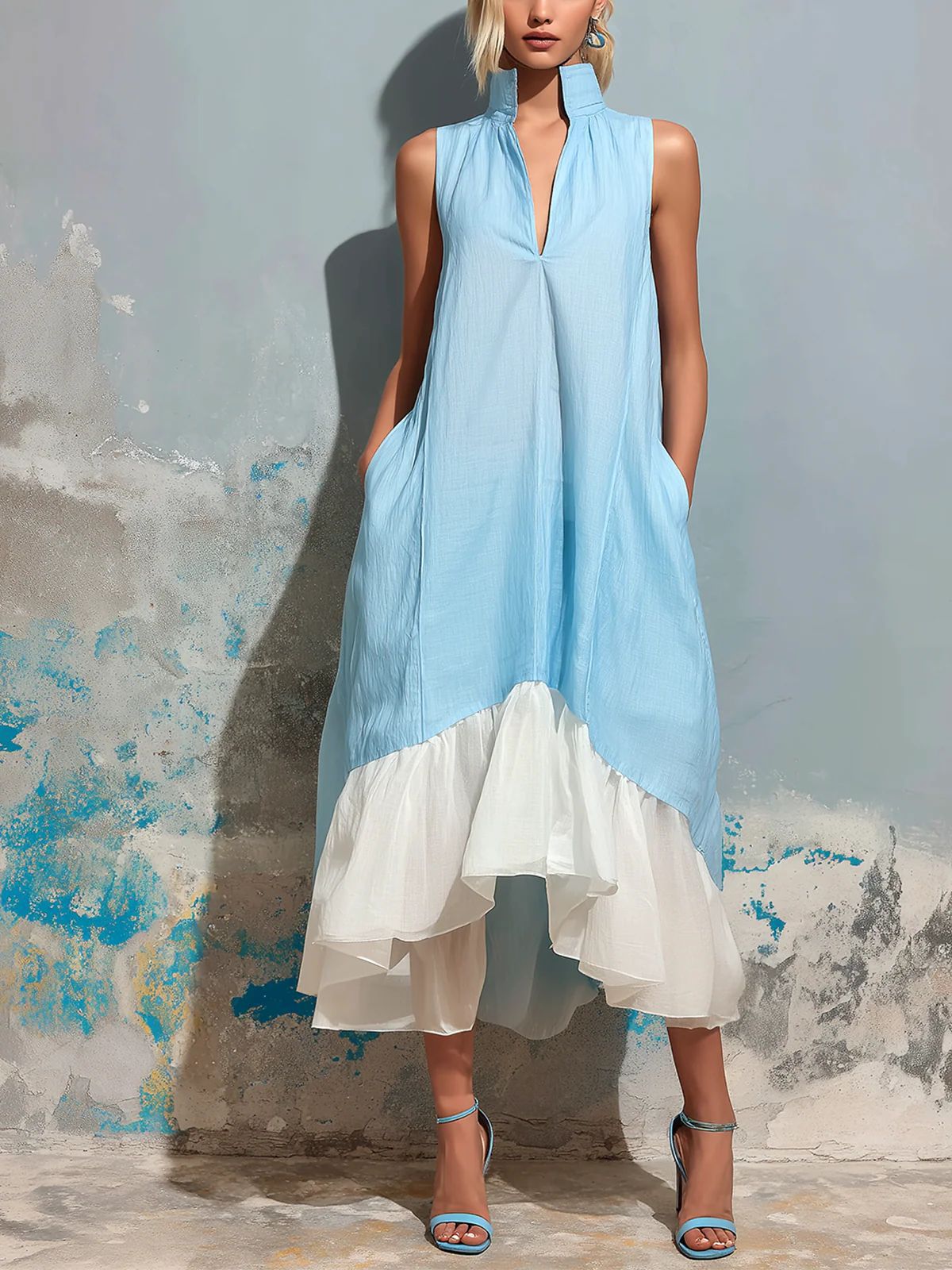 Color-Block V-Ausschnitt Volantkleid – Bild 9 | LuxeStyle