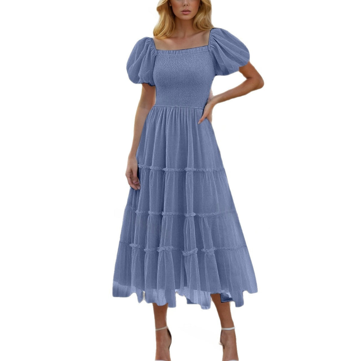 Gerüschtes langes Mesh-Kleid mit eckigem Ausschnitt – Bild 7 | LuxeStyle