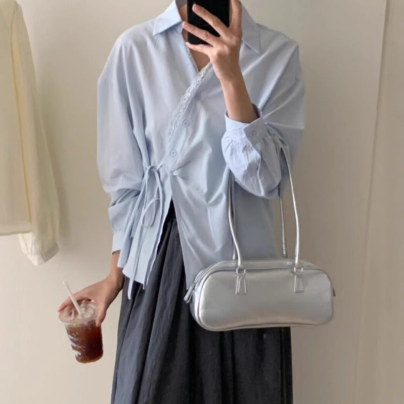 Damenbluse mit seitlicher Bindung im Korea-Stil – Bild 2 | LuxeStyle