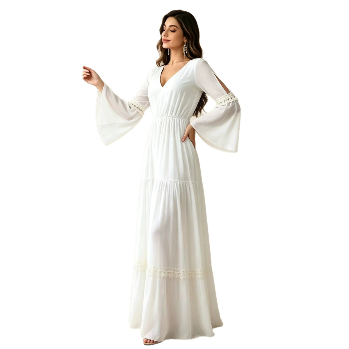 Weisses V-Ausschnitt Split-Bell-Sleeve Kleid – Bild 2 | LuxeStyle