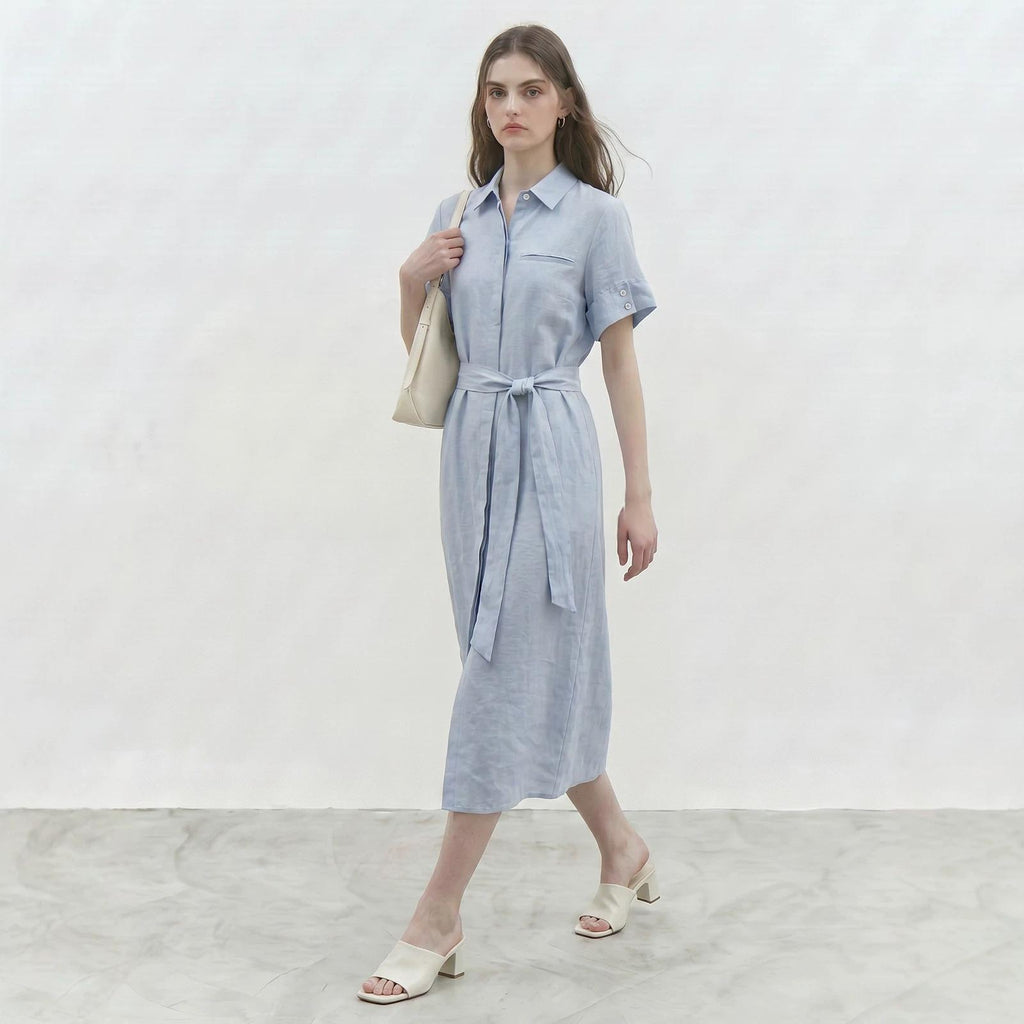 Leinen-Hemdblusenkleid mit Taillengürtel