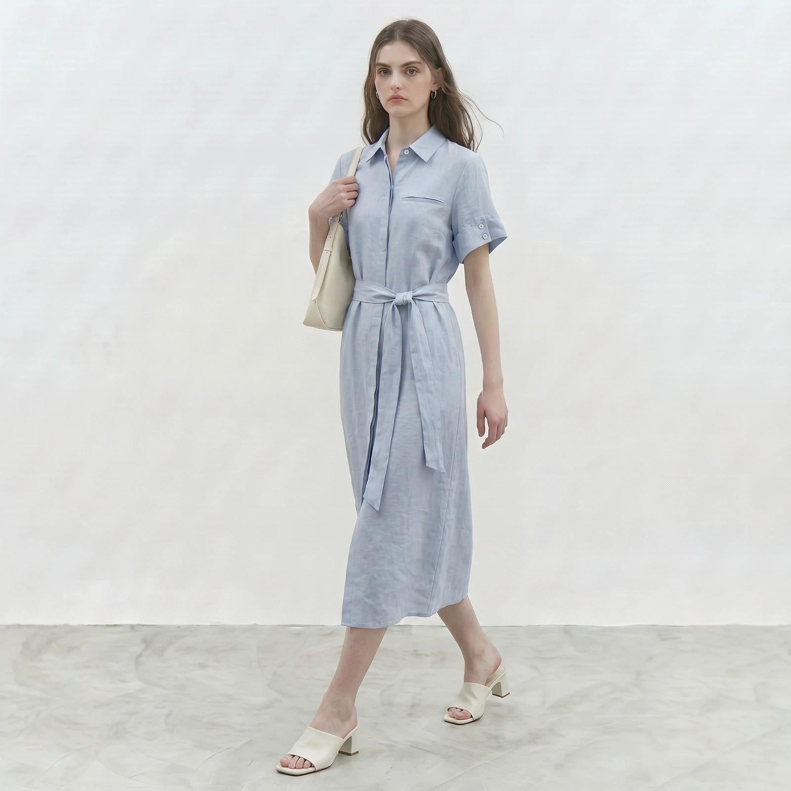 Leinen-Hemdblusenkleid mit Taillengürtel