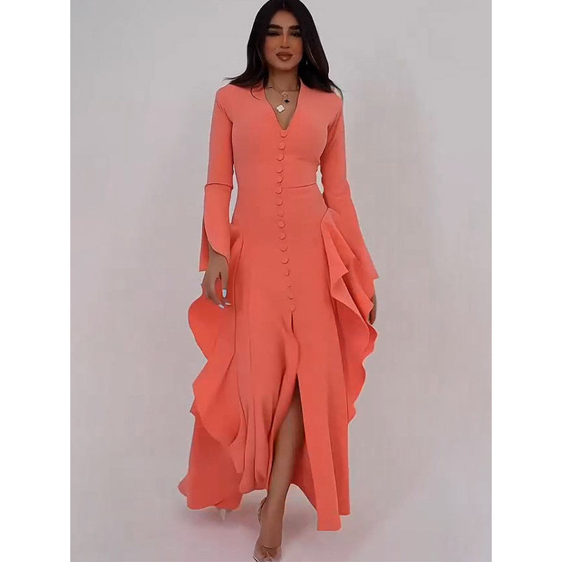 Elegantes V-Ausschnitt Maxikleid mit Rüschen – Bild 5 | LuxeStyle