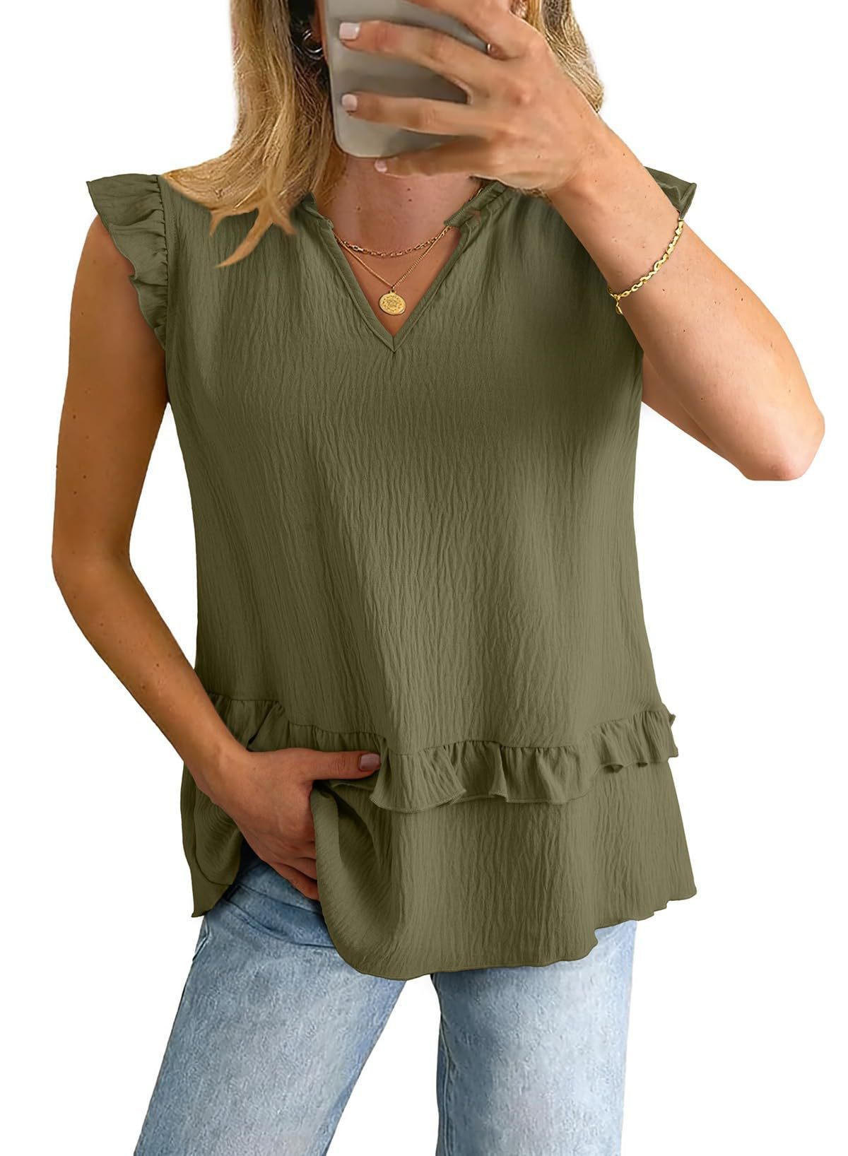 Damen V-Ausschnitt Shirt mit Rüschensaum – Bild 13 | LuxeStyle