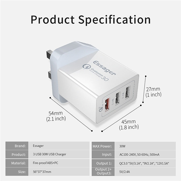 3-Port USB-Schnellladegerät 30W