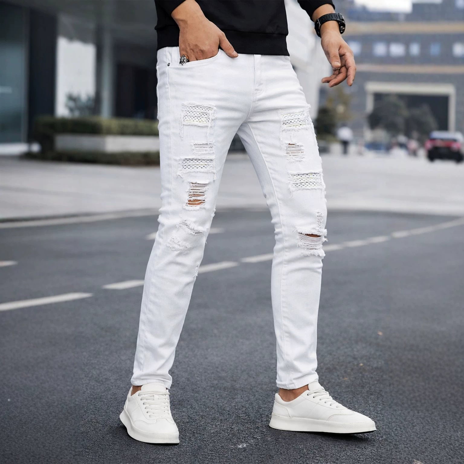 Herren Slim-Fit Jeans mit Perlenstickerei