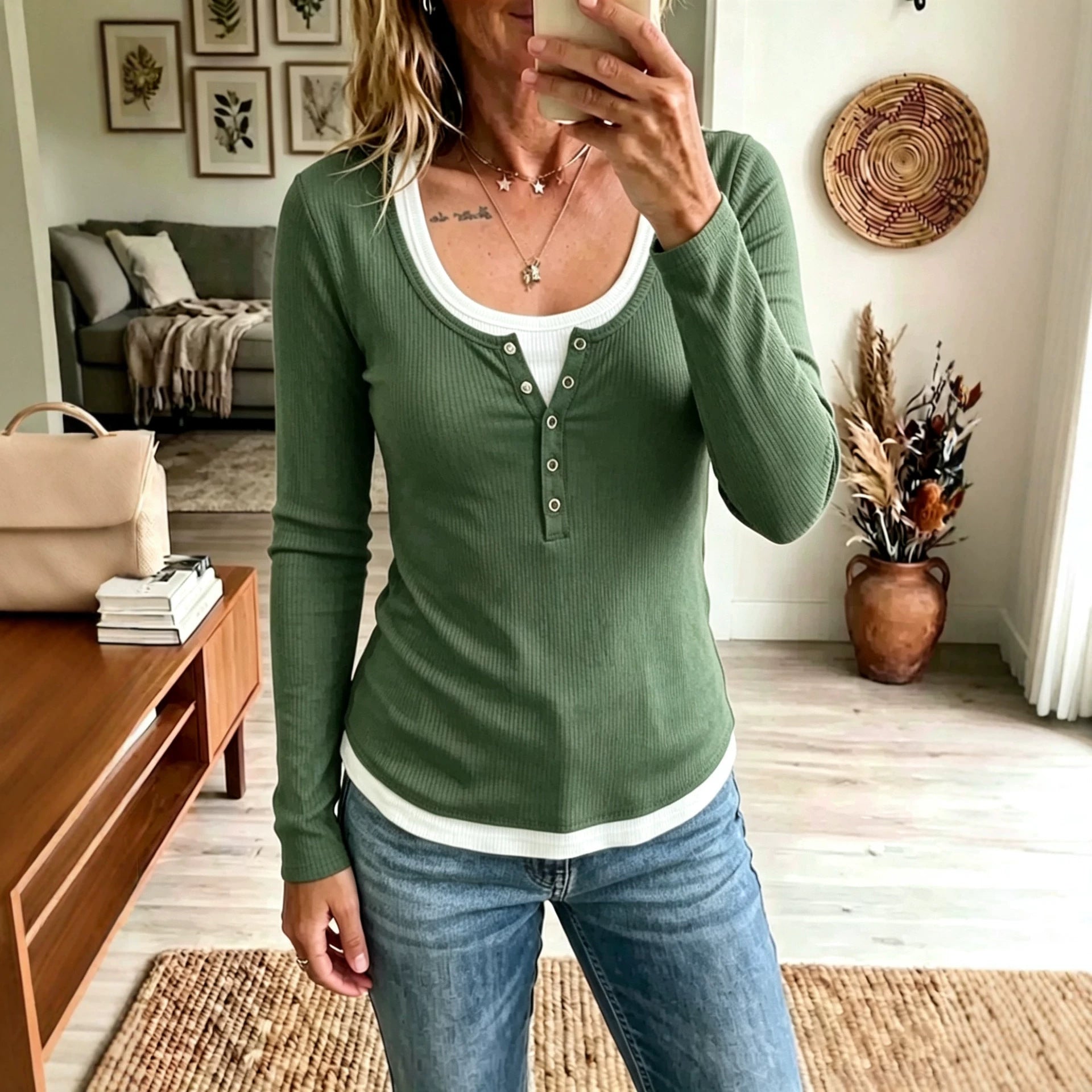 Damen Color-Block Langarm-Shirt mit Slim Fit – 2-Tonig