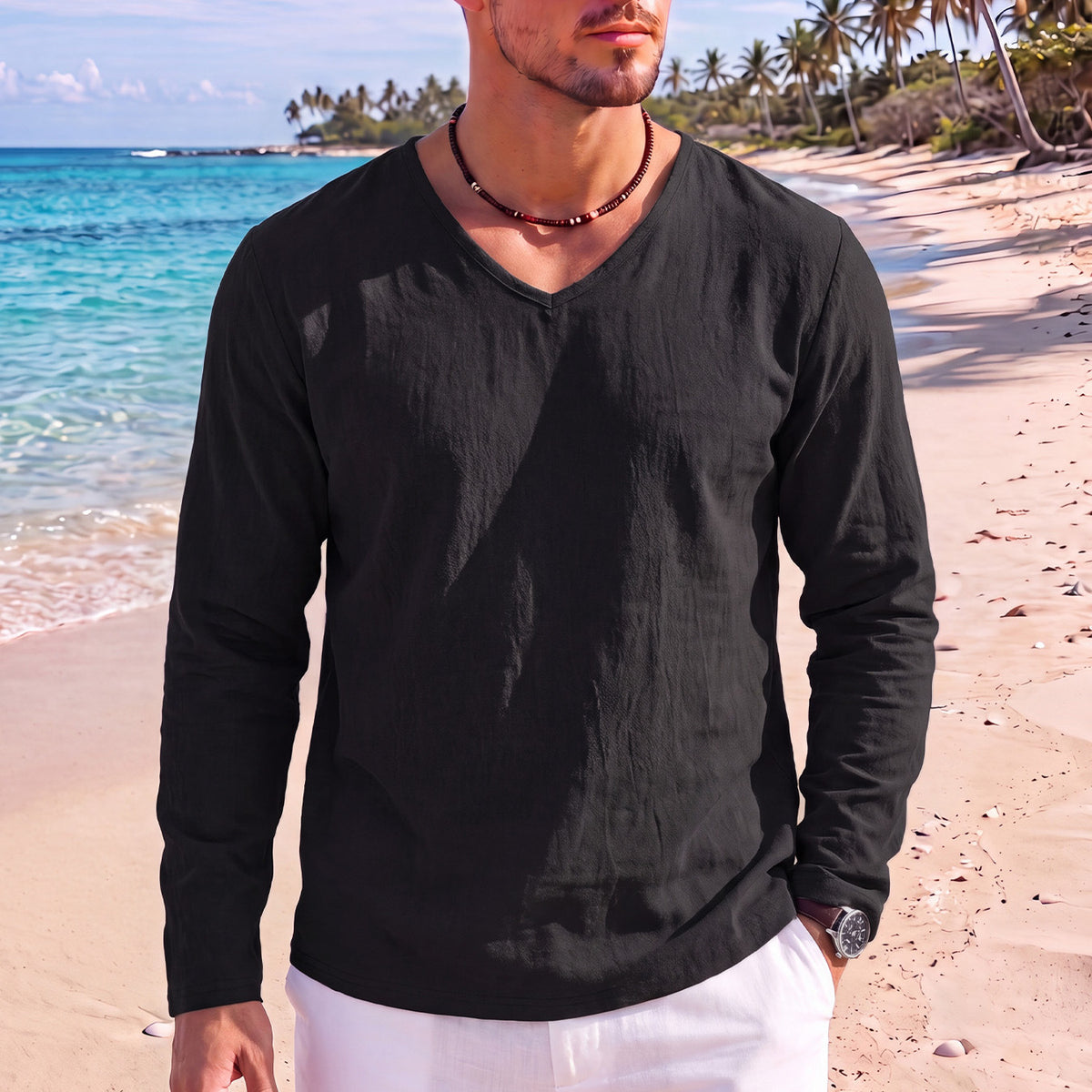 Leinen-Pullover mit V-Ausschnitt – Bild 8 | LuxeStyle