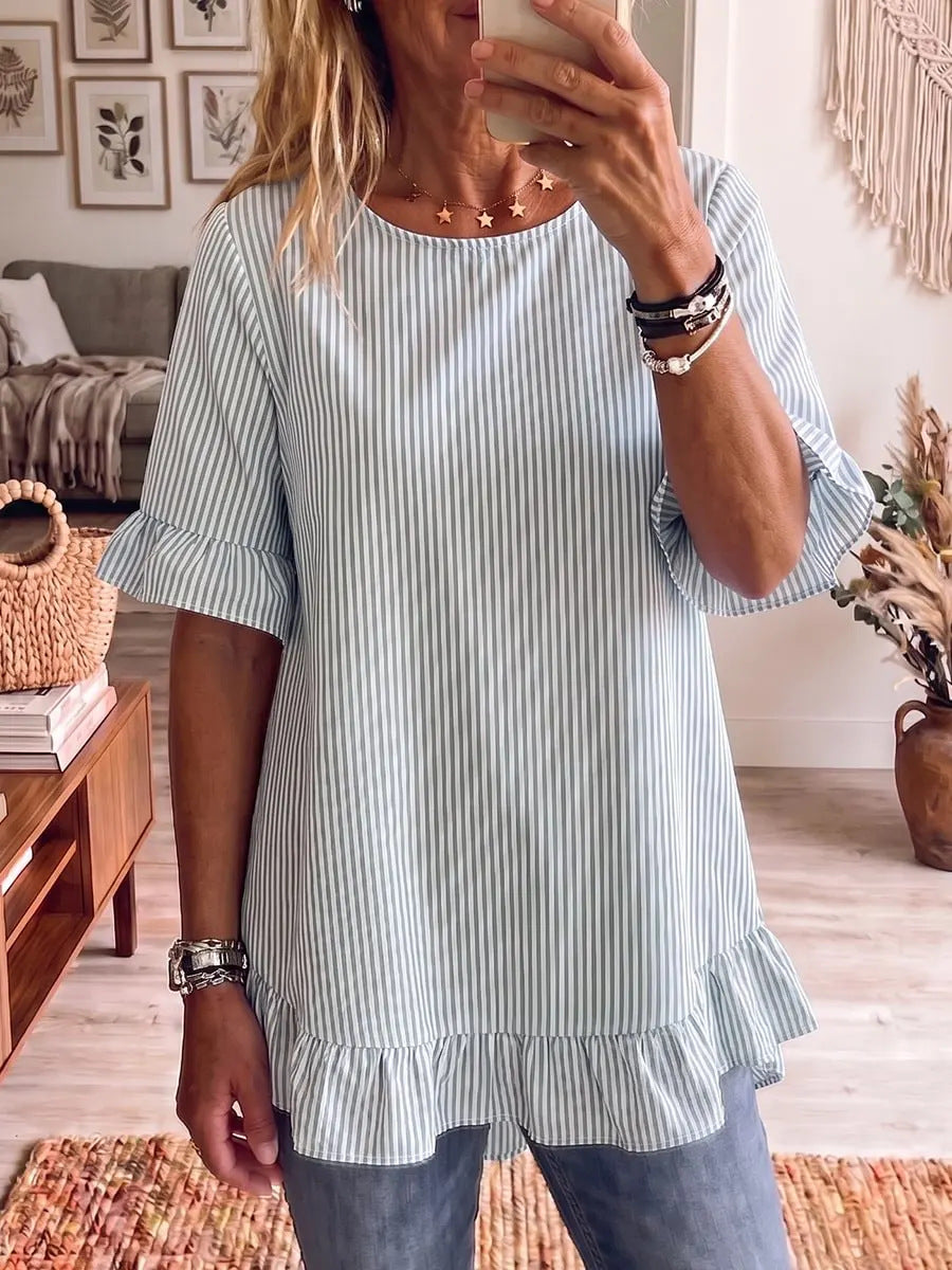 Gestreifte Bluse mit Rüschensaum – Bild 7 | LuxeStyle