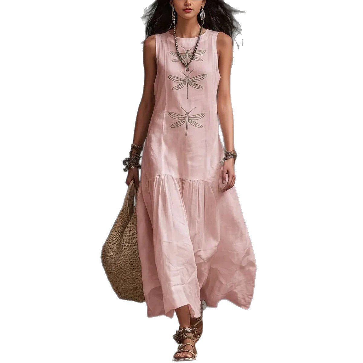 Ärmelloses Midikleid mit Libellen-Print