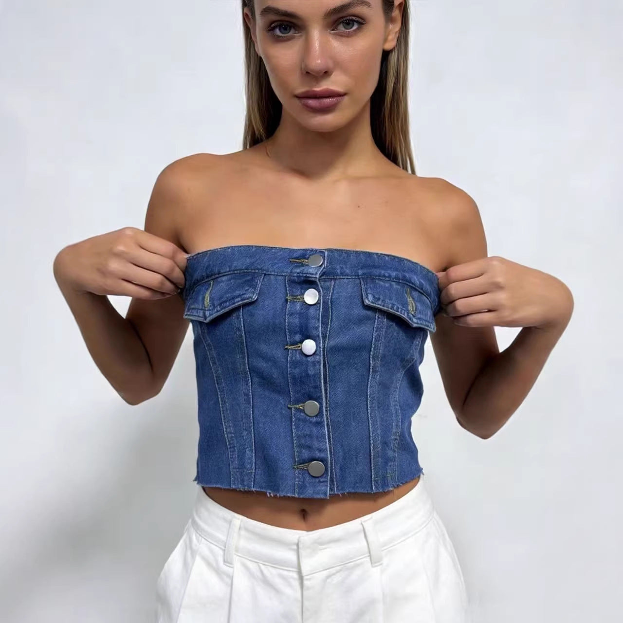 Damen Slim-Fit Denim Tube Top