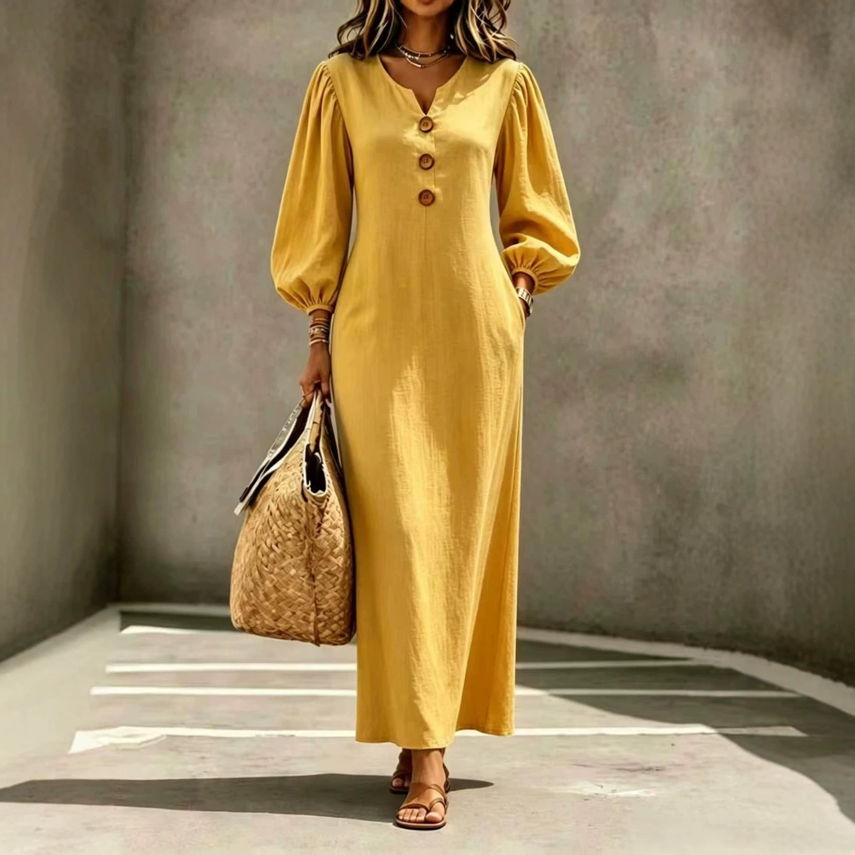 V-Ausschnitt A-Linien Kleid mit Puffärmeln