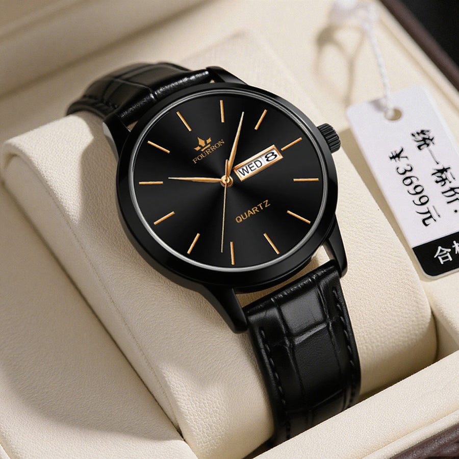 Herren-Quarzuhr mit Dual-Kalender und Lederarmband – Bild 3 | LuxeStyle