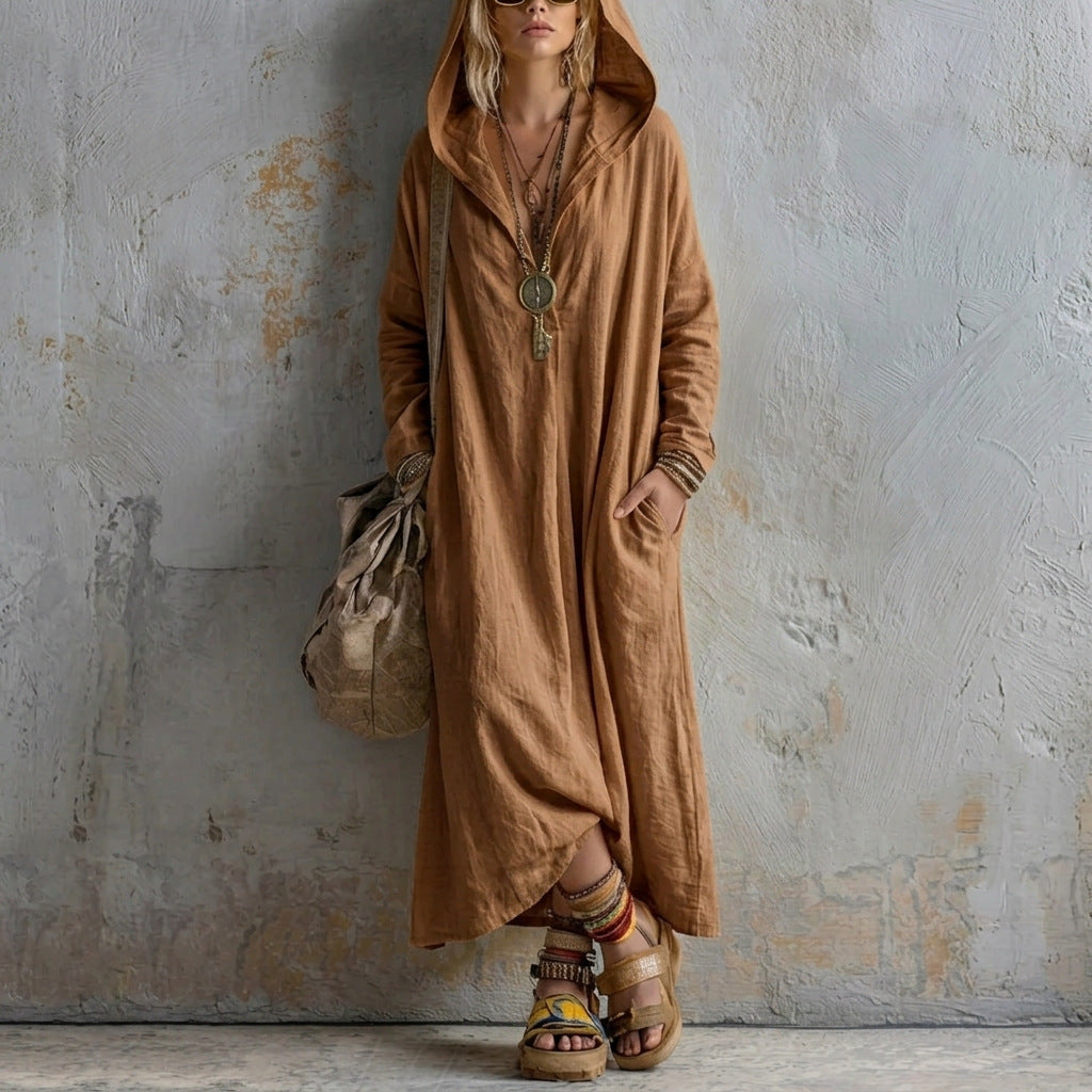 Kapuzen-Leinenkleid mit langen Ärmeln – Bild 8 | LuxeStyle
