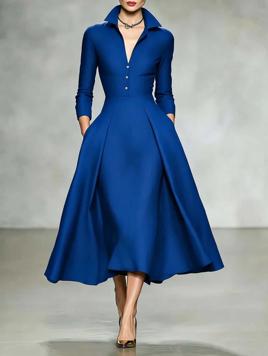Tailliertes Langarm-Midikleid mit V-Ausschnitt