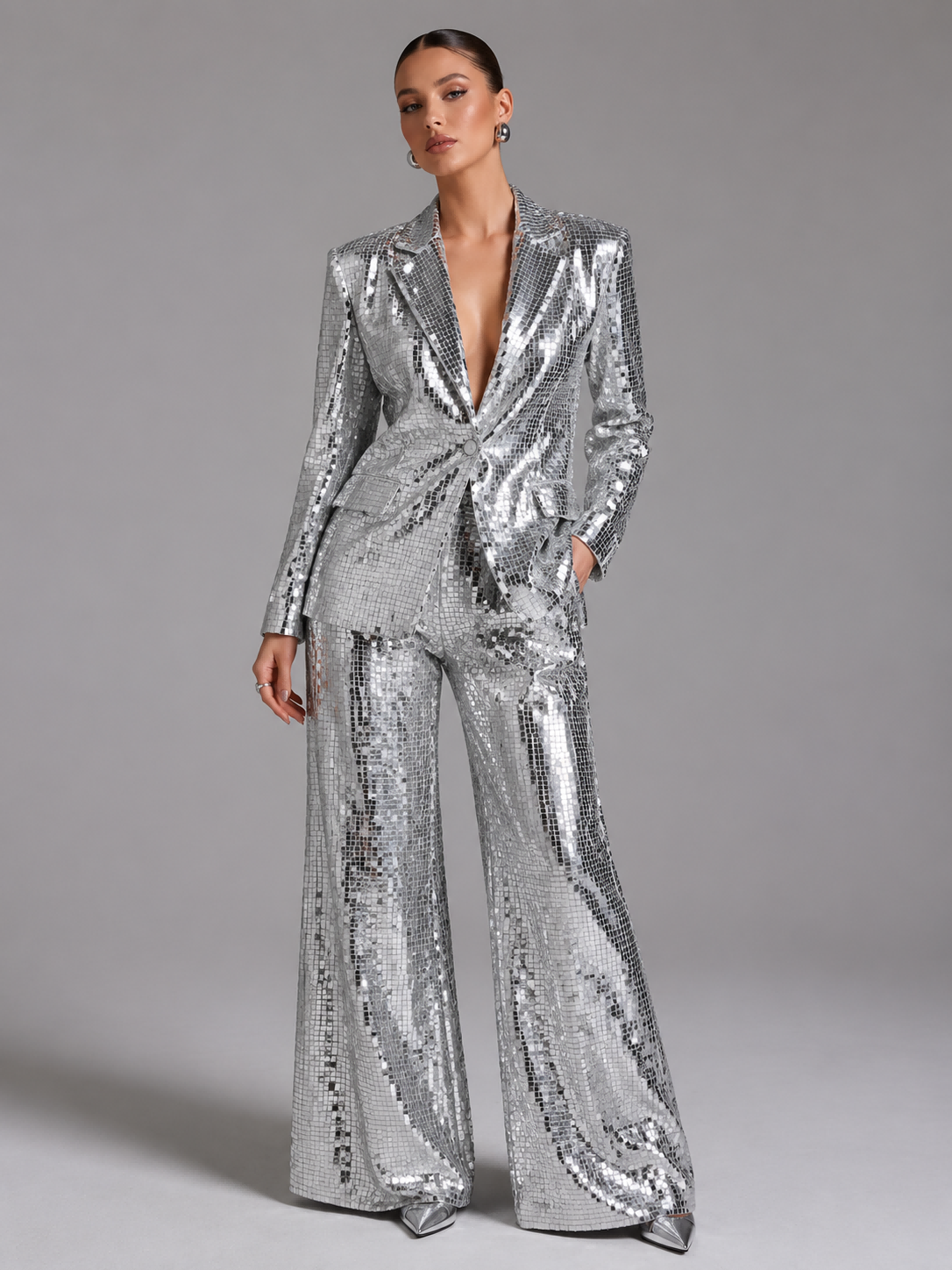 Silber Pailletten Blazer & Flare Hose Party-Set